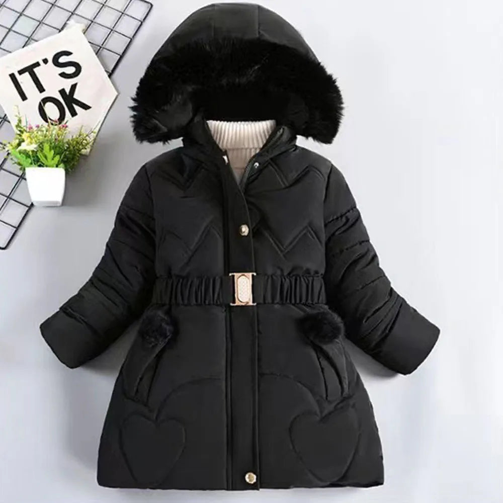 Girls Winter Puffer Jacket — Hooded Warm Snow Coat with Waist Belt & Pockets Ages 7–12