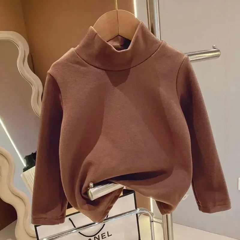 Winter Baby Warm Top Boys Girls Velvet Inner Solid Color Bottom Children's Half High Collar Long Sleeve T-shirt Kids Clothes