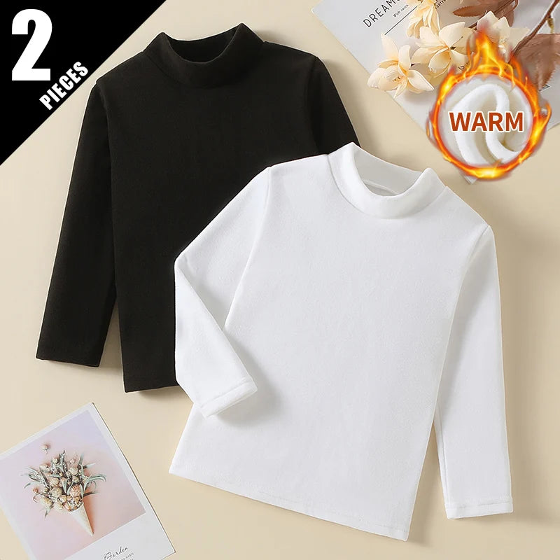 1/2/3piece Autumn And Winter Thick Children's Solid Color Base Shirt Boys And Girls Brushed Warm Mid Neck Top Fashionable Hoodie