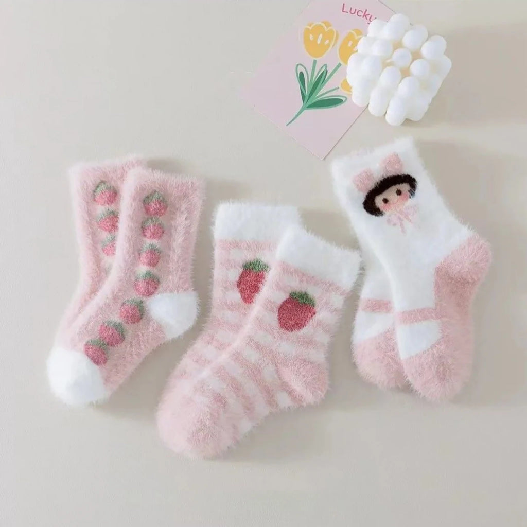 3 Pairs Children Socks Cute Strawberry Rabbit Winter Warm Mid Tube Socks For Kids Girls Mink Fleece  Sleep Floor Socks