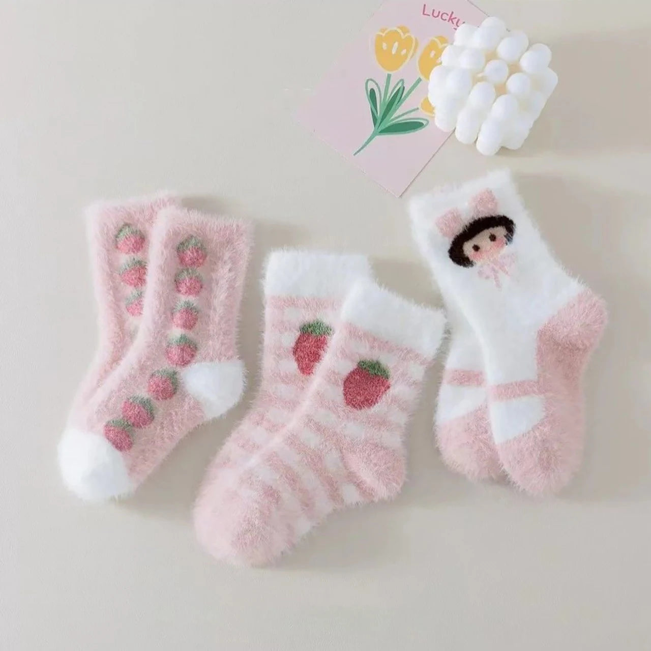 3 Pairs Children Socks Cute Strawberry Rabbit Winter Warm Mid Tube Socks For Kids Girls Mink Fleece  Sleep Floor Socks