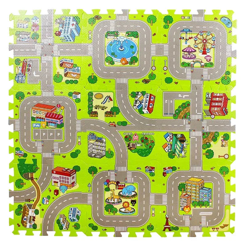 9-Piece EVA Foam Kids Puzzle Play Mat — Road Traffic Soft Floor Tiles