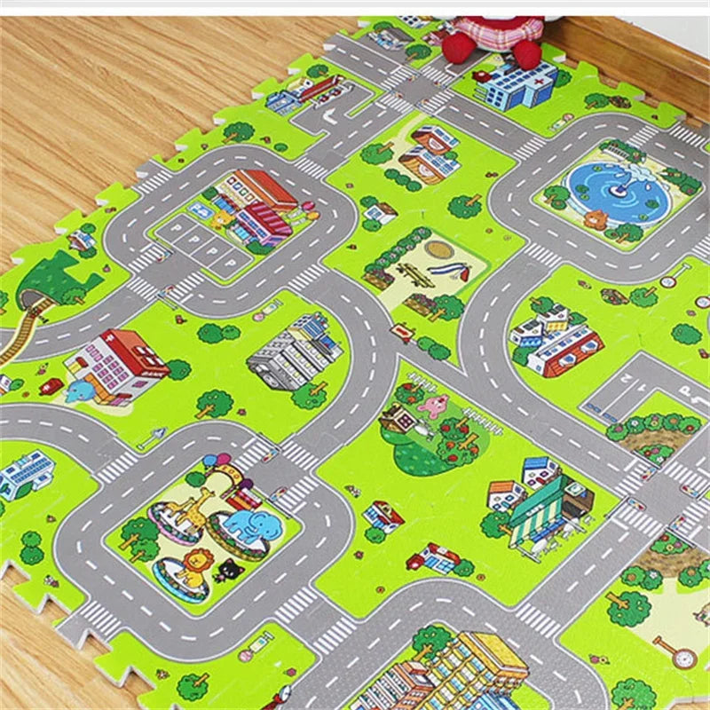 9-Piece EVA Foam Kids Puzzle Play Mat — Road Traffic Soft Floor Tiles
