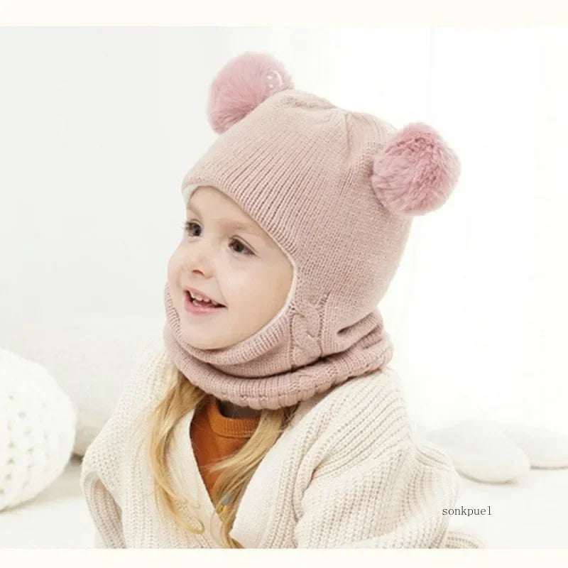 2-6years Winter Children's Boys Hat and Scarf All-in-one Fleece-lined Ear Protection Hood Baby Girls Knitted One-piece Cap