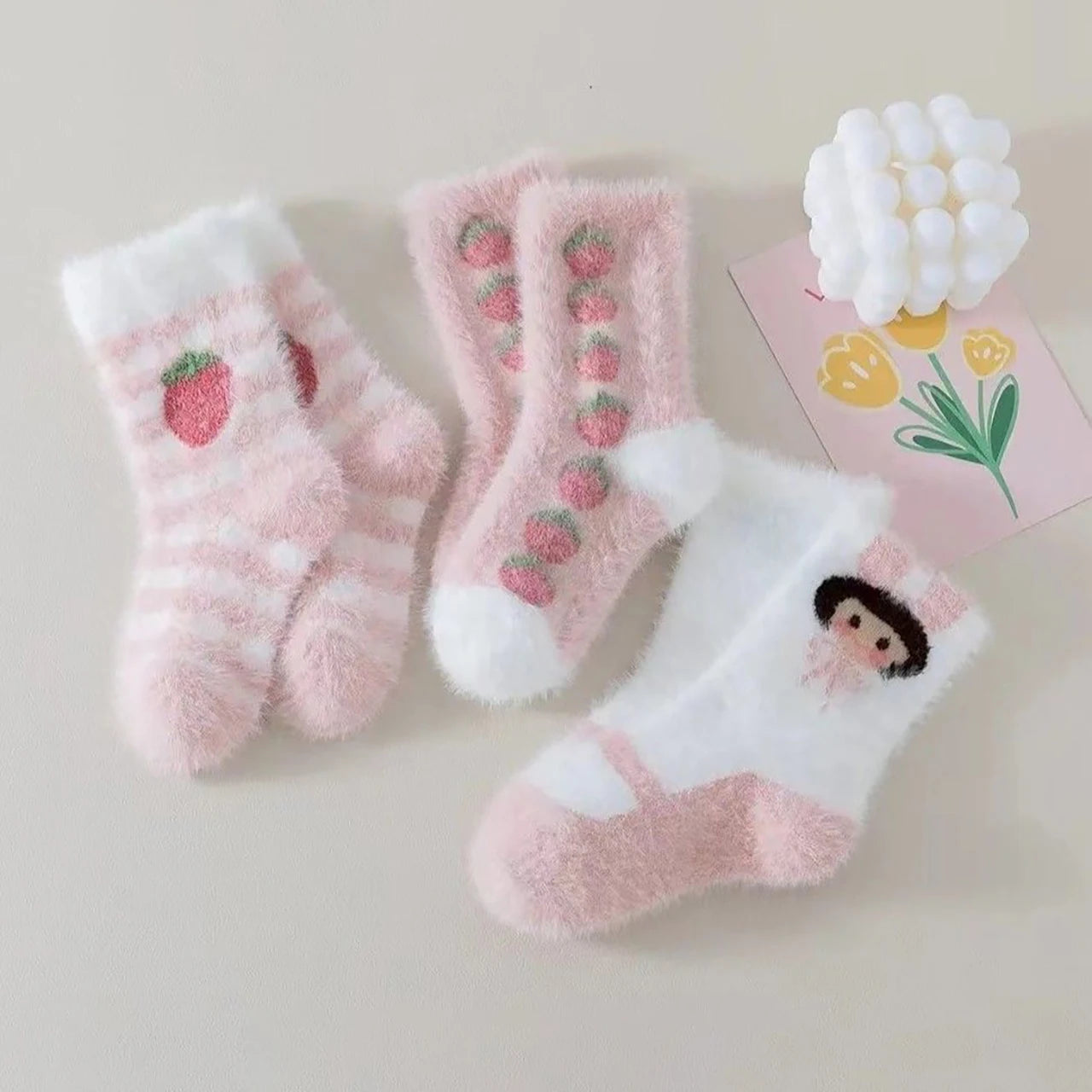 3 Pairs Children Socks Cute Strawberry Rabbit Winter Warm Mid Tube Socks For Kids Girls Mink Fleece  Sleep Floor Socks
