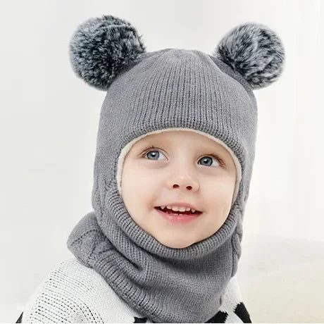 2-6years Winter Children's Boys Hat and Scarf All-in-one Fleece-lined Ear Protection Hood Baby Girls Knitted One-piece Cap