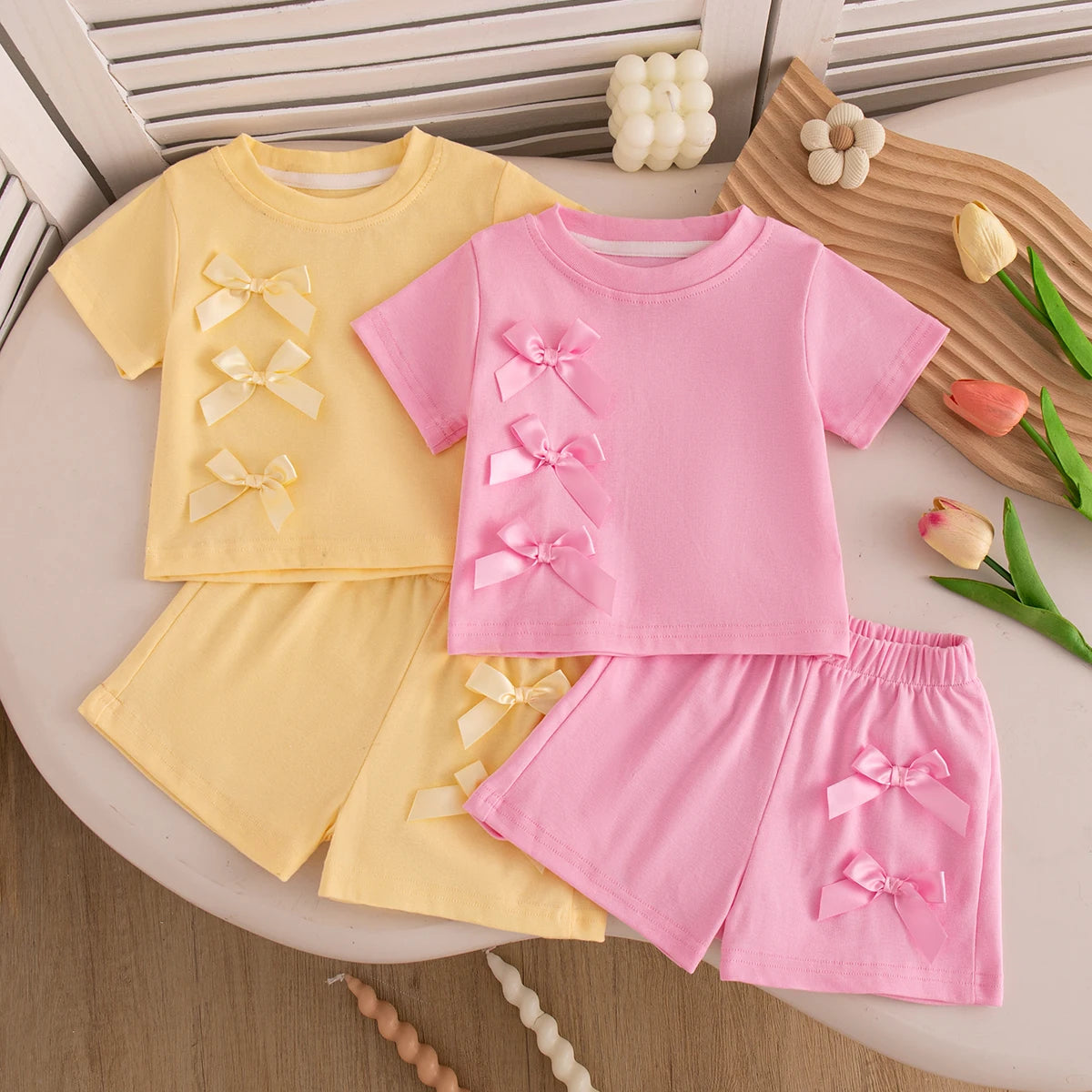 Baby Girl Bow Summer Set — Short Sleeve Top & Shorts 2-Piece Beach Outfit Ages 6M–3Y