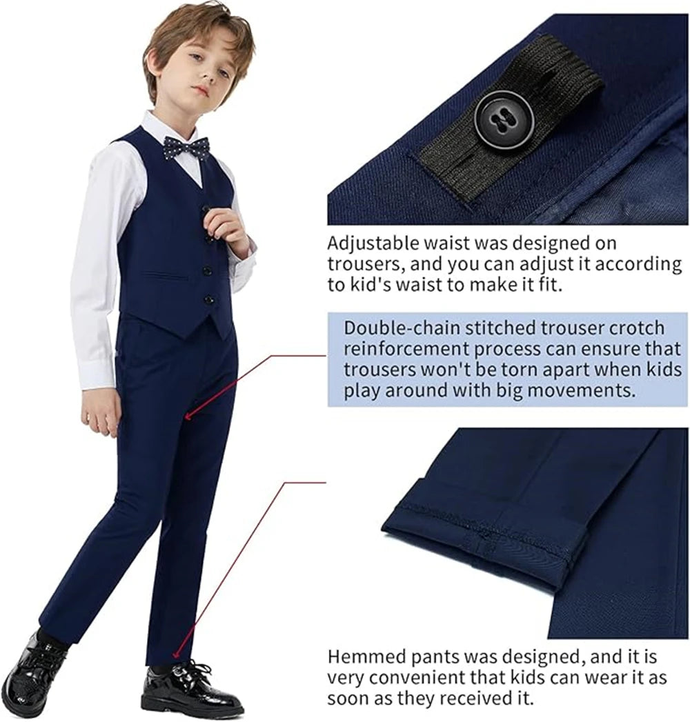 Boys Formal Suit Set 4-Piece — Blazer, Vest, Pants & Bow Tie for Ages 3–14