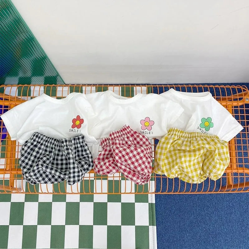 Cute Floral Pattern Baby Girl's Short Sleeve Suit Summer Clothing Children's T-shirts Plaid Shorts Kids 2 Piece Set Girl Clothes