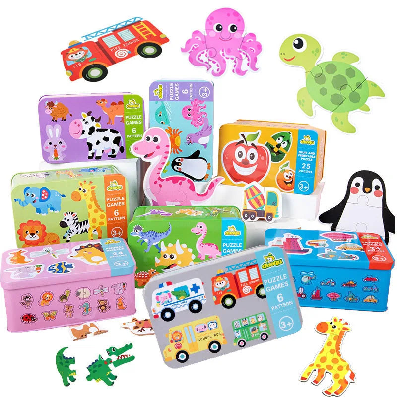 Baby Puzzle Montessori Educational Toys Wood 3D Puzzle Games Iron Box children Puzzles Jigsaw Wooden Puzzles For Kids 2 3 4 Year