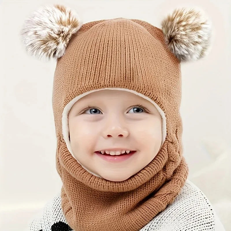 2-6years Winter Children's Boys Hat and Scarf All-in-one Fleece-lined Ear Protection Hood Baby Girls Knitted One-piece Cap