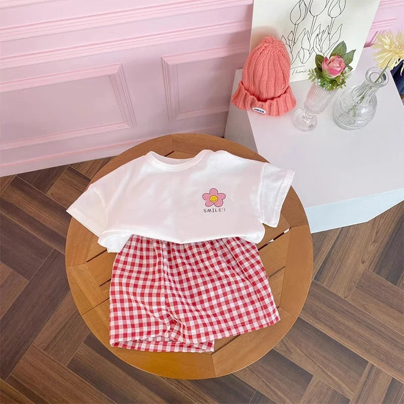 Cute Floral Pattern Baby Girl's Short Sleeve Suit Summer Clothing Children's T-shirts Plaid Shorts Kids 2 Piece Set Girl Clothes