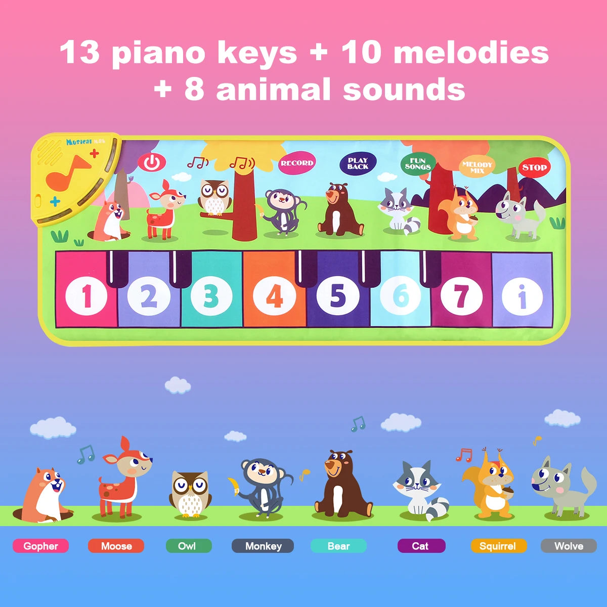 Kids Music Piano Mat 80x30cm — 8 Animal Sounds & Educational Keyboard Toy