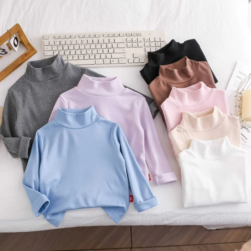 Kids Boys Girls Thermal Top Mock Neck T-Shirt Warm Underwear Sweatshirt Children Long Sleeve Homewear Candy Color Top Clothes