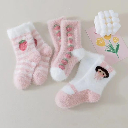 3 Pairs Children Socks Cute Strawberry Rabbit Winter Warm Mid Tube Socks For Kids Girls Mink Fleece  Sleep Floor Socks