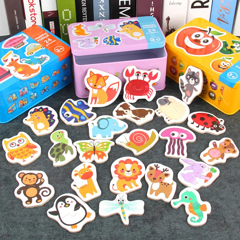 Baby Puzzle Montessori Educational Toys Wood 3D Puzzle Games Iron Box children Puzzles Jigsaw Wooden Puzzles For Kids 2 3 4 Year