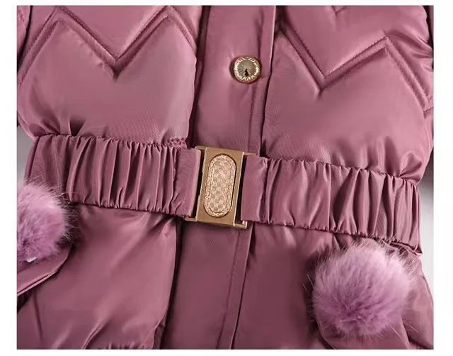 Girls Winter Puffer Jacket — Hooded Warm Snow Coat with Waist Belt & Pockets Ages 7–12