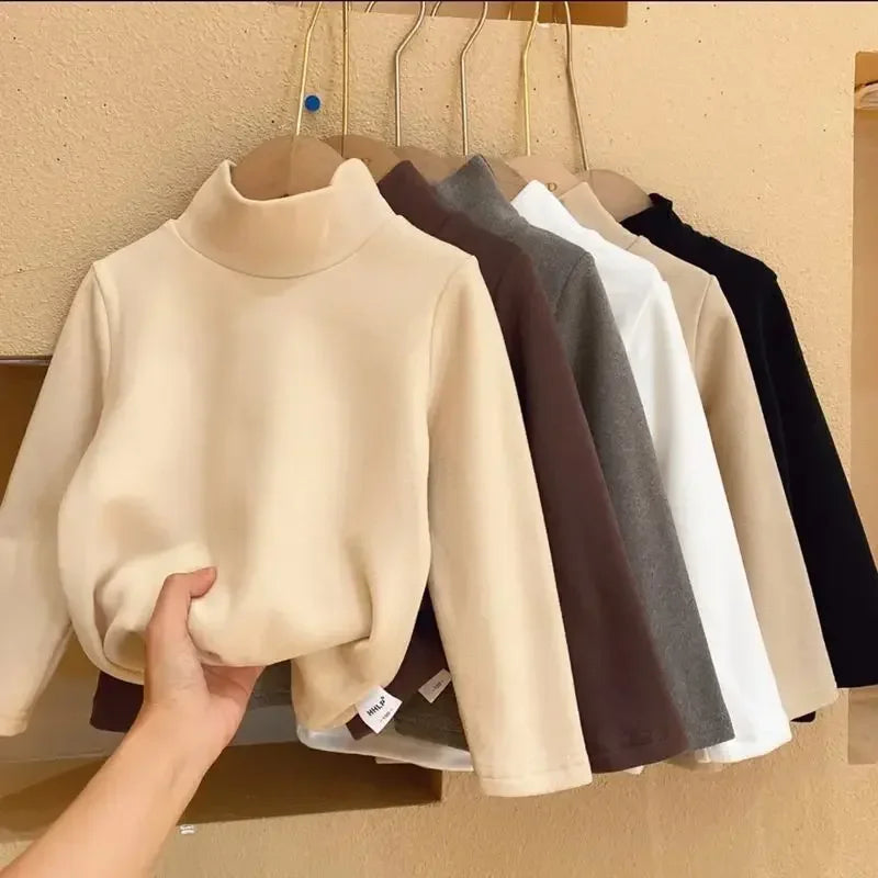 Winter Baby Warm Top Boys Girls Velvet Inner Solid Color Bottom Children's Half High Collar Long Sleeve T-shirt Kids Clothes