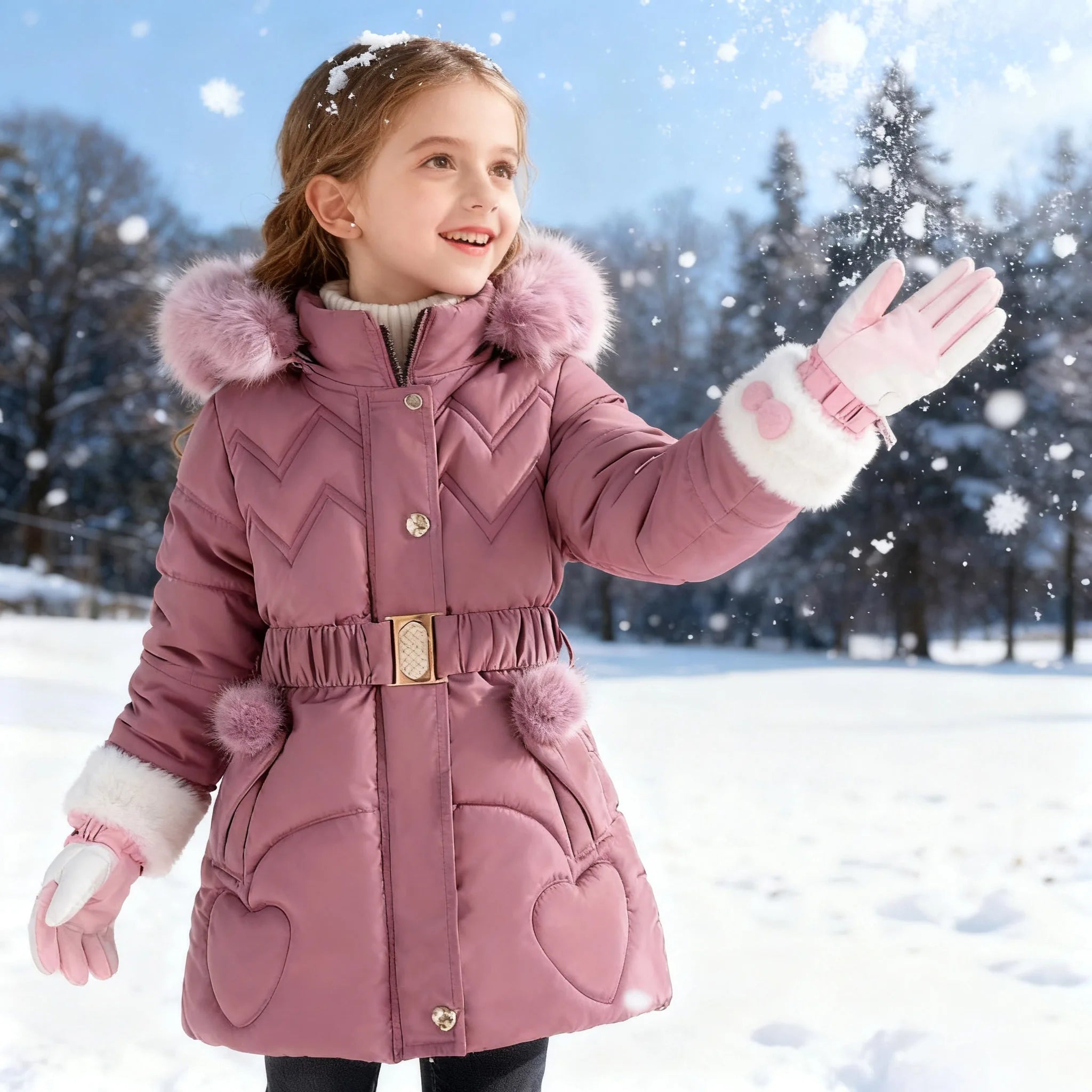 Girls Winter Puffer Jacket — Hooded Warm Snow Coat with Waist Belt & Pockets Ages 7–12