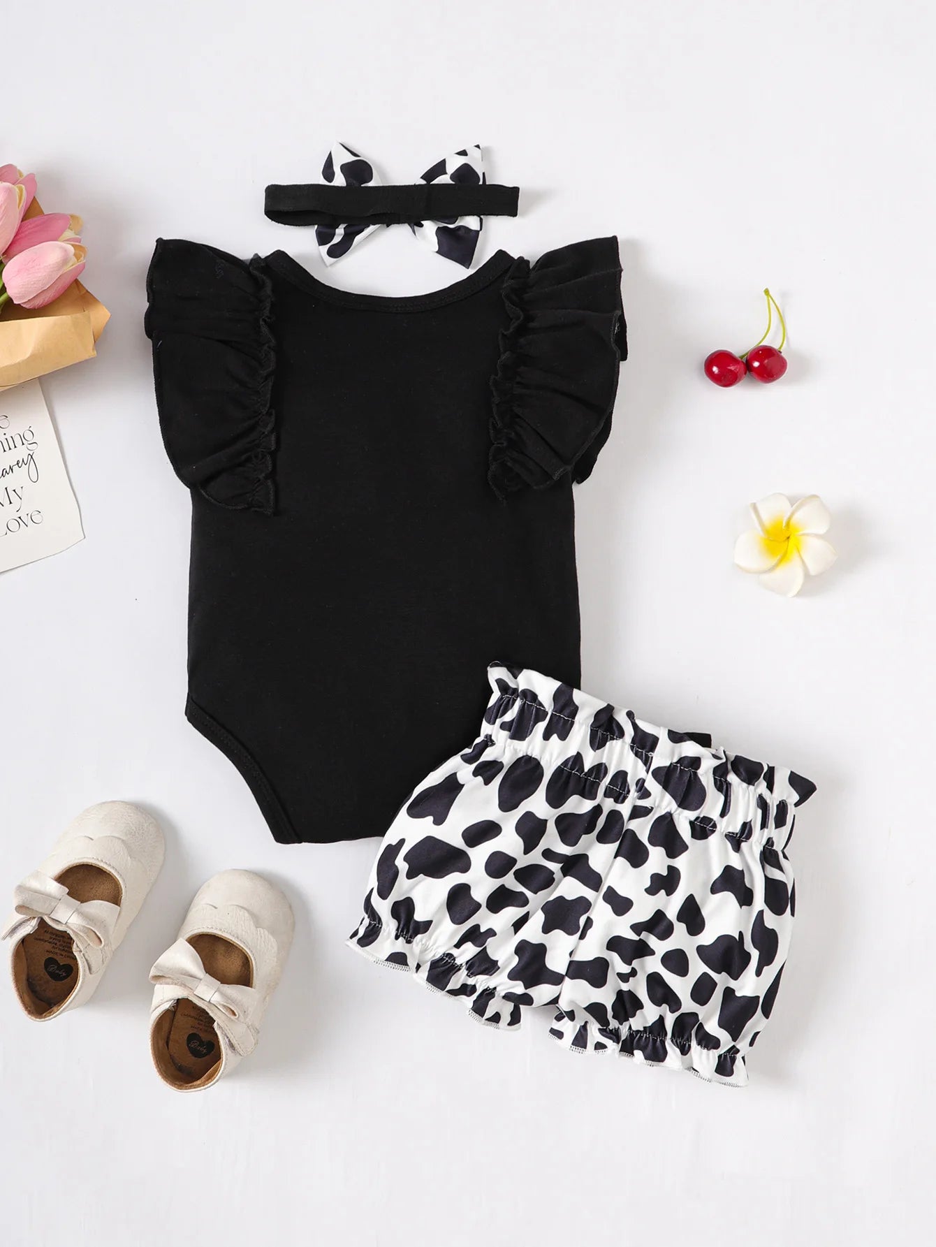 Baby Newborn Romper & Shorts Set — 3-Piece Summer Outfit with Headwear for Girls 0–24M