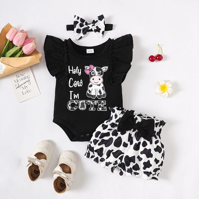 Baby Newborn Romper & Shorts Set — 3-Piece Summer Outfit with Headwear for Girls 0–24M