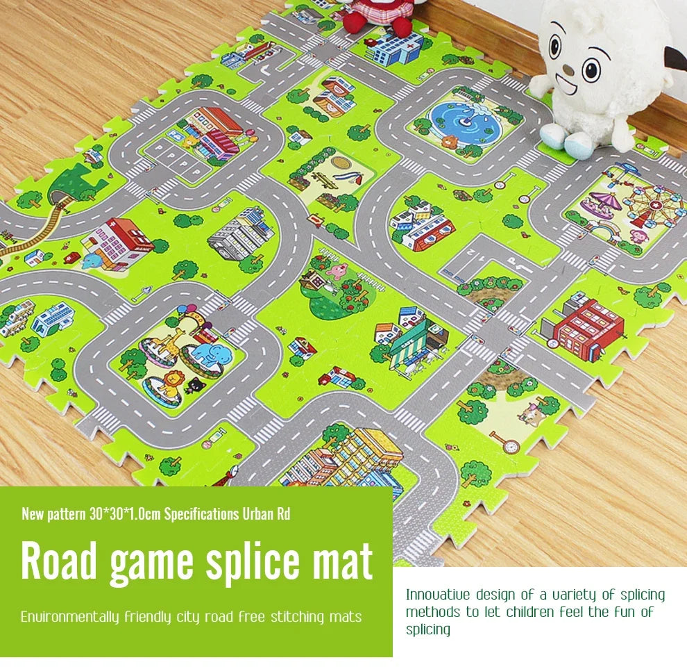 9-Piece EVA Foam Kids Puzzle Play Mat — Road Traffic Soft Floor Tiles