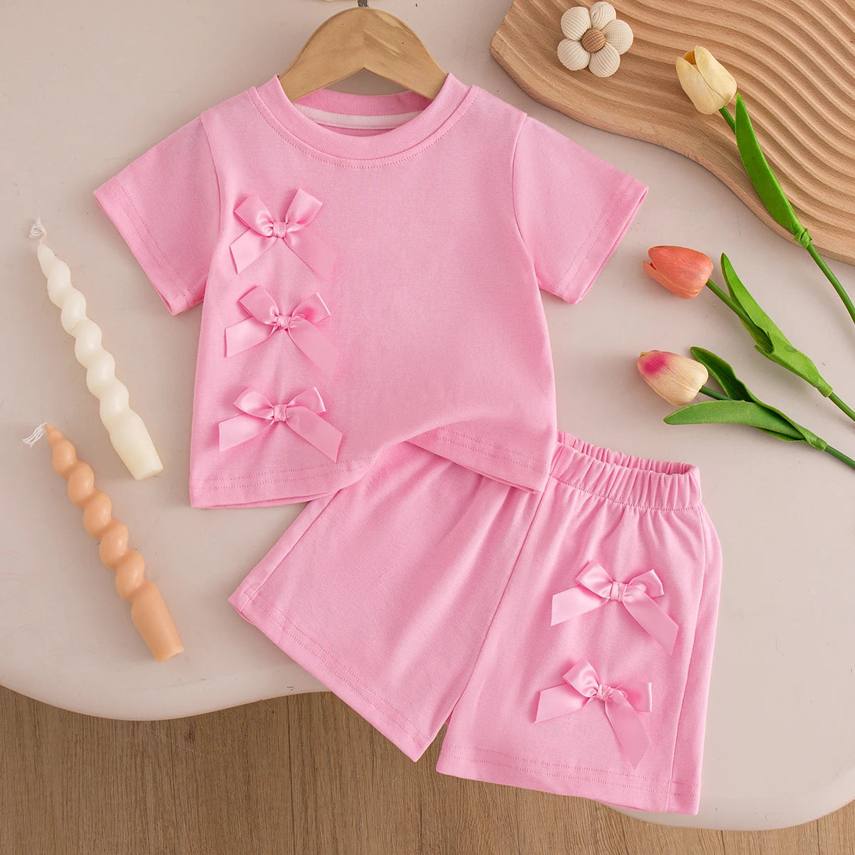 Baby Girl Bow Summer Set — Short Sleeve Top & Shorts 2-Piece Beach Outfit Ages 6M–3Y