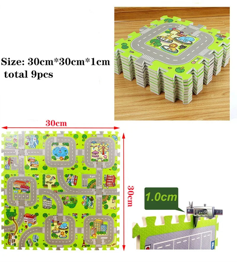 9-Piece EVA Foam Kids Puzzle Play Mat — Road Traffic Soft Floor Tiles