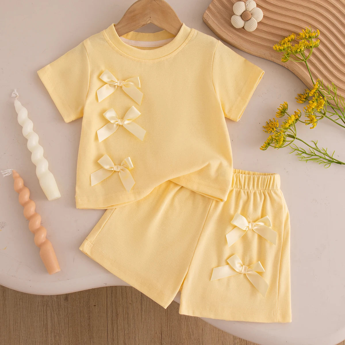 Baby Girl Bow Summer Set — Short Sleeve Top & Shorts 2-Piece Beach Outfit Ages 6M–3Y