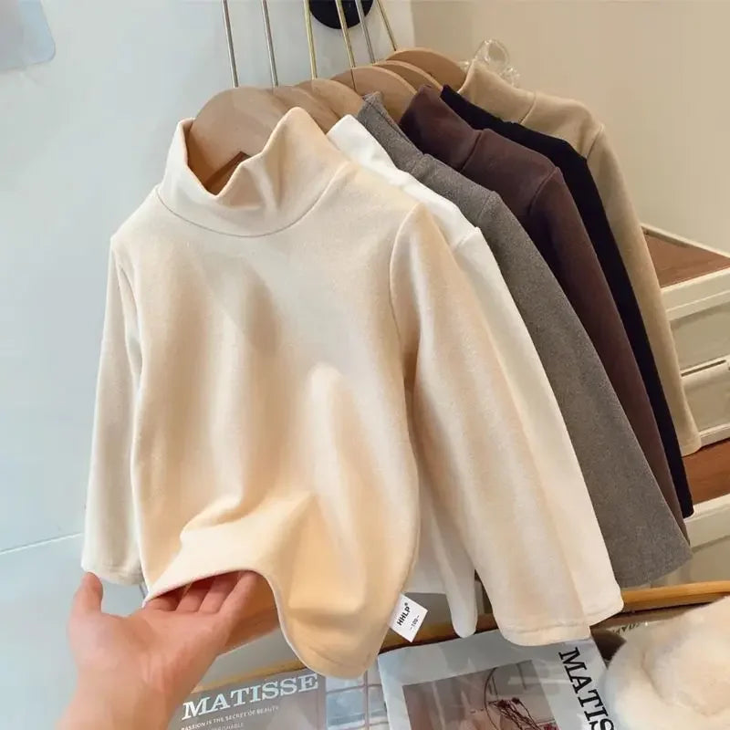 Baby Velvet Warm Long Sleeve Top — Soft Fleece Turtleneck Base Layer for Boys & Girls
