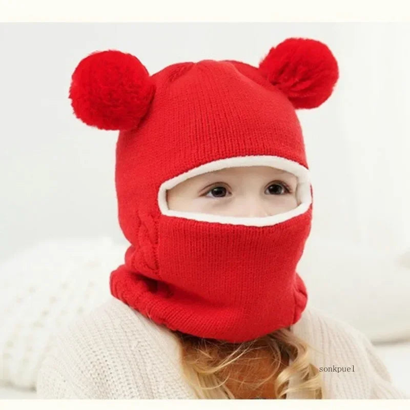 2-6years Winter Children's Boys Hat and Scarf All-in-one Fleece-lined Ear Protection Hood Baby Girls Knitted One-piece Cap
