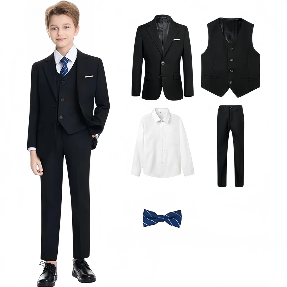 Boys Formal Suit Set 4-Piece — Blazer, Vest, Pants & Bow Tie for Ages 3–14