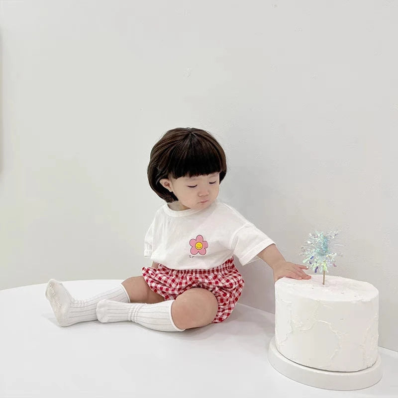 Cute Floral Pattern Baby Girl's Short Sleeve Suit Summer Clothing Children's T-shirts Plaid Shorts Kids 2 Piece Set Girl Clothes
