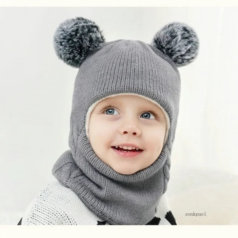 2-6years Winter Children's Boys Hat and Scarf All-in-one Fleece-lined Ear Protection Hood Baby Girls Knitted One-piece Cap