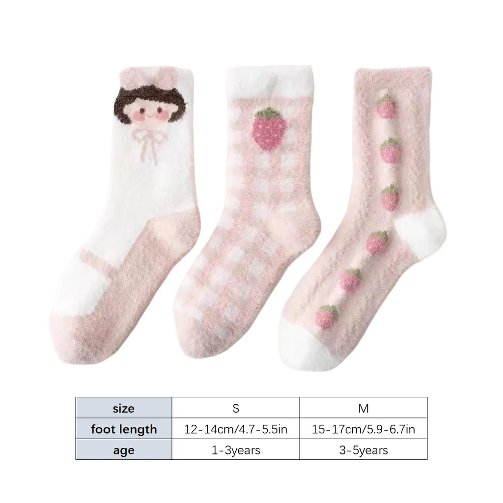 3 Pairs Children Socks Cute Strawberry Rabbit Winter Warm Mid Tube Socks For Kids Girls Mink Fleece  Sleep Floor Socks