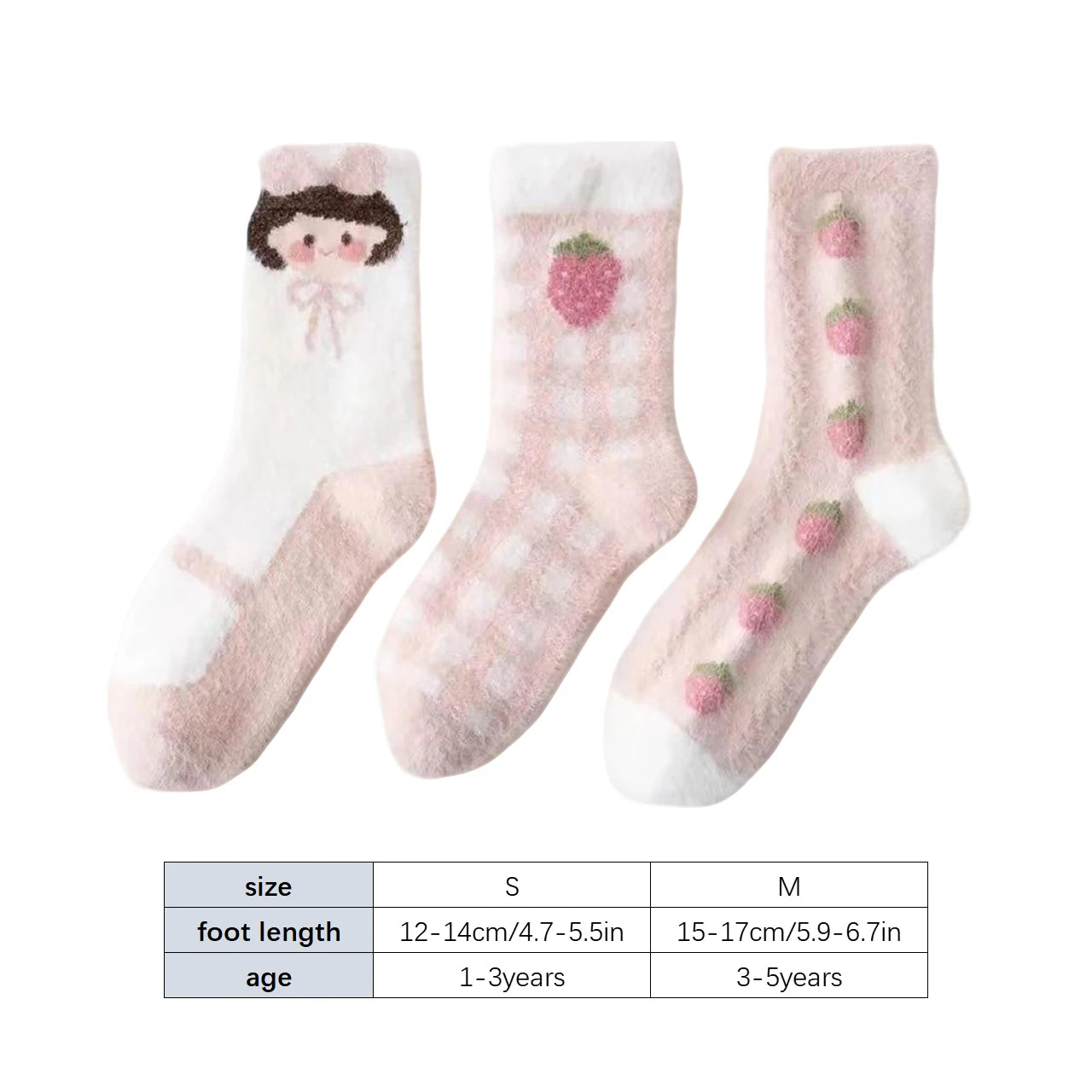 3 Pairs Children Socks Cute Strawberry Rabbit Winter Warm Mid Tube Socks For Kids Girls Mink Fleece  Sleep Floor Socks