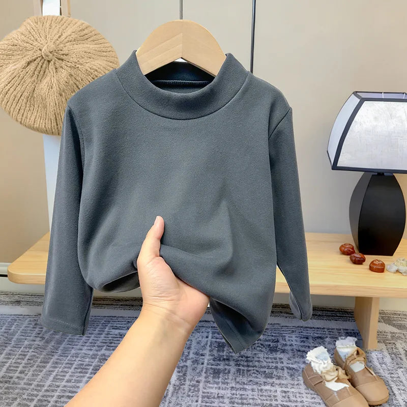 Winter Baby Warm Top Boys Girls Velvet Inner Solid Color Bottom Children's Half High Collar Long Sleeve T-shirt Kids Clothes