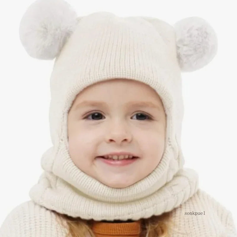 2-6years Winter Children's Boys Hat and Scarf All-in-one Fleece-lined Ear Protection Hood Baby Girls Knitted One-piece Cap