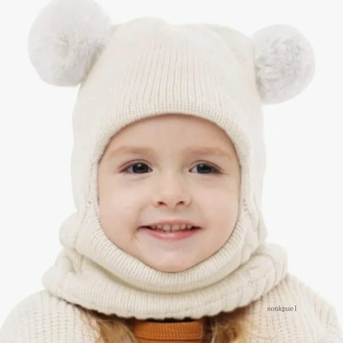 2-6years Winter Children's Boys Hat and Scarf All-in-one Fleece-lined Ear Protection Hood Baby Girls Knitted One-piece Cap