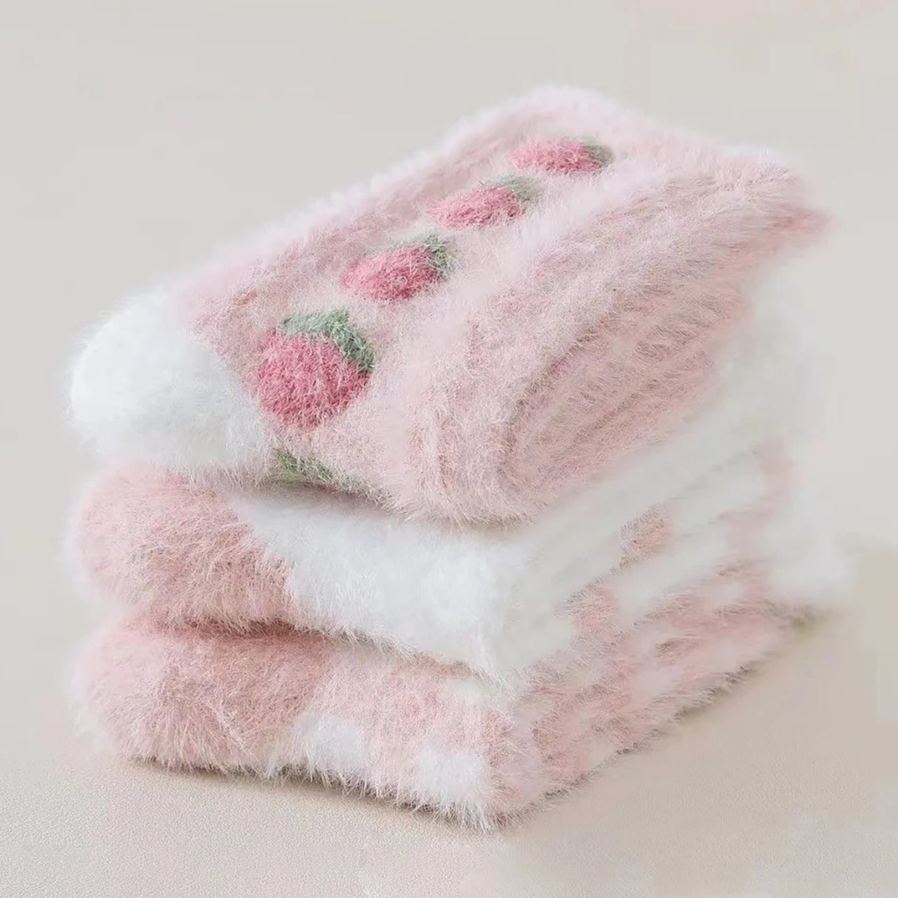 3 Pairs Children Socks Cute Strawberry Rabbit Winter Warm Mid Tube Socks For Kids Girls Mink Fleece  Sleep Floor Socks