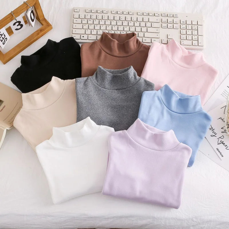 Kids Boys Girls Thermal Top Mock Neck T-Shirt Warm Underwear Sweatshirt Children Long Sleeve Homewear Candy Color Top Clothes