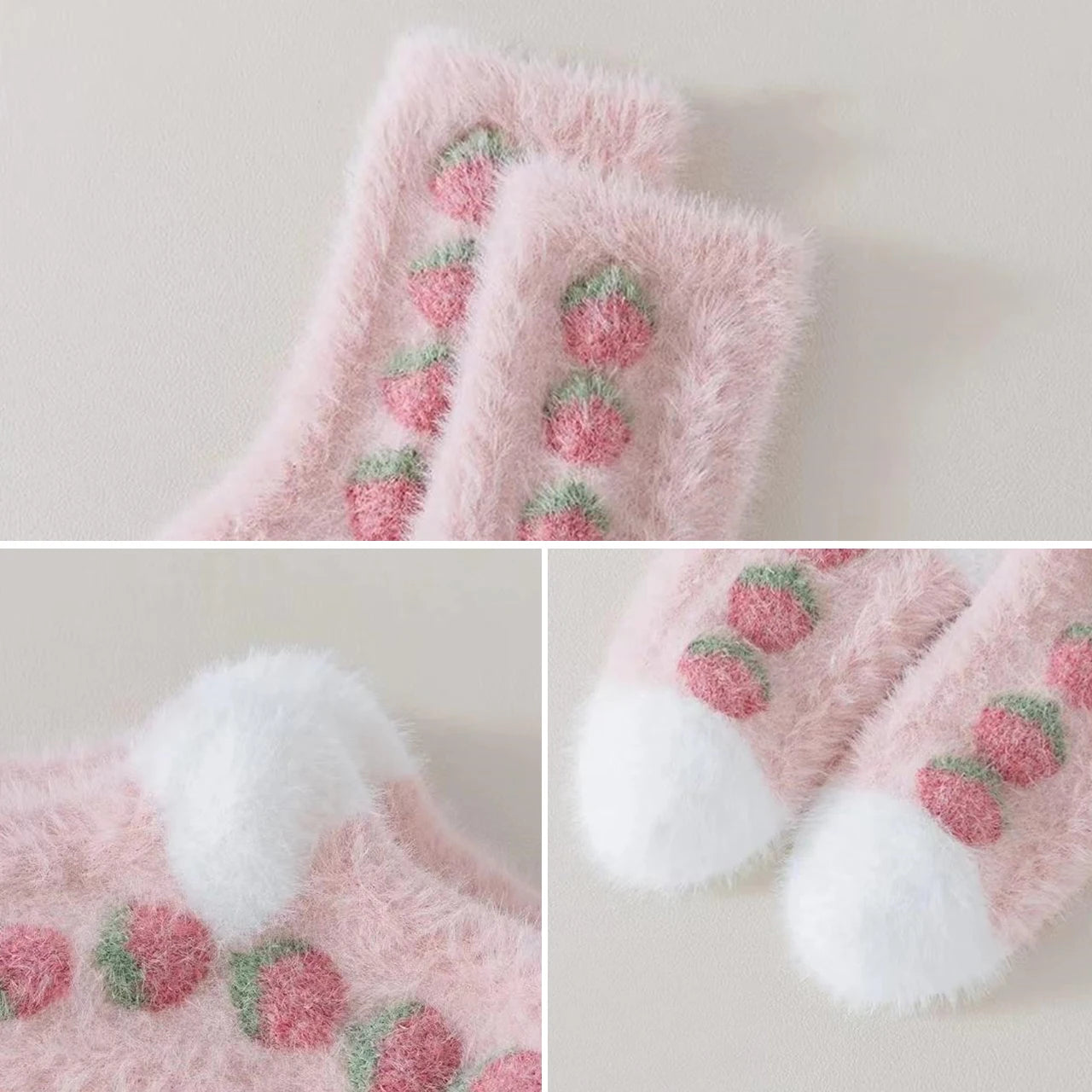 3 Pairs Children Socks Cute Strawberry Rabbit Winter Warm Mid Tube Socks For Kids Girls Mink Fleece  Sleep Floor Socks