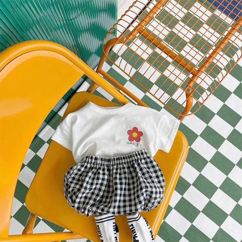 Cute Floral Pattern Baby Girl's Short Sleeve Suit Summer Clothing Children's T-shirts Plaid Shorts Kids 2 Piece Set Girl Clothes