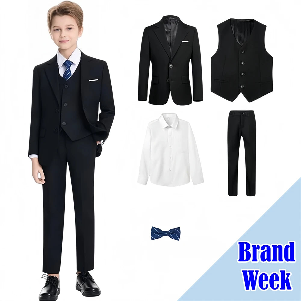 Boys Formal Suit Set 4-Piece — Blazer, Vest, Pants & Bow Tie for Ages 3–14