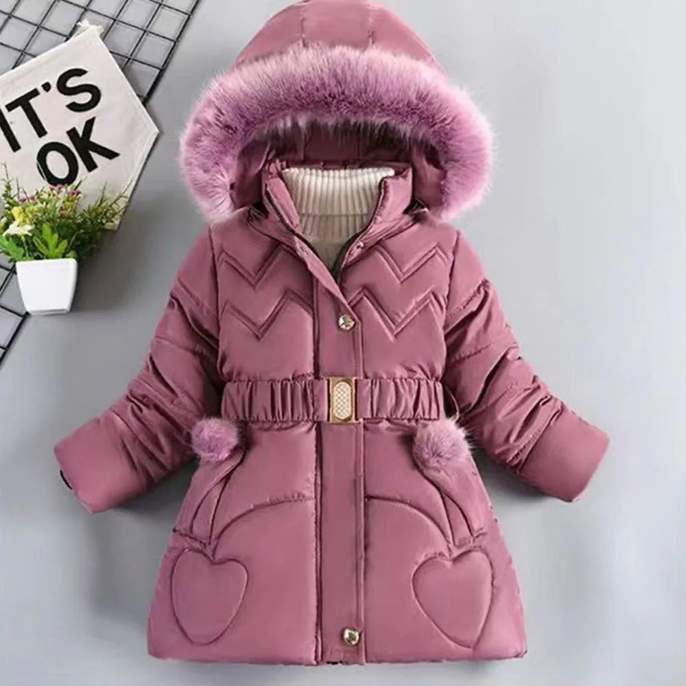 Girls Winter Puffer Jacket — Hooded Warm Snow Coat with Waist Belt & Pockets Ages 7–12