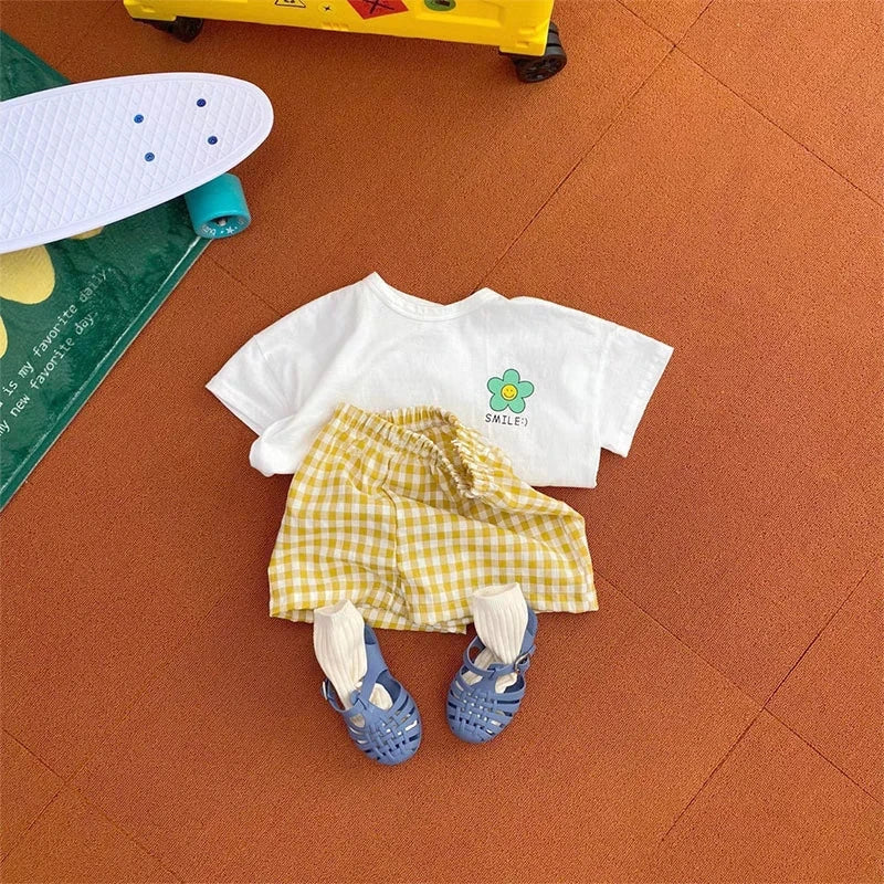 Cute Floral Pattern Baby Girl's Short Sleeve Suit Summer Clothing Children's T-shirts Plaid Shorts Kids 2 Piece Set Girl Clothes