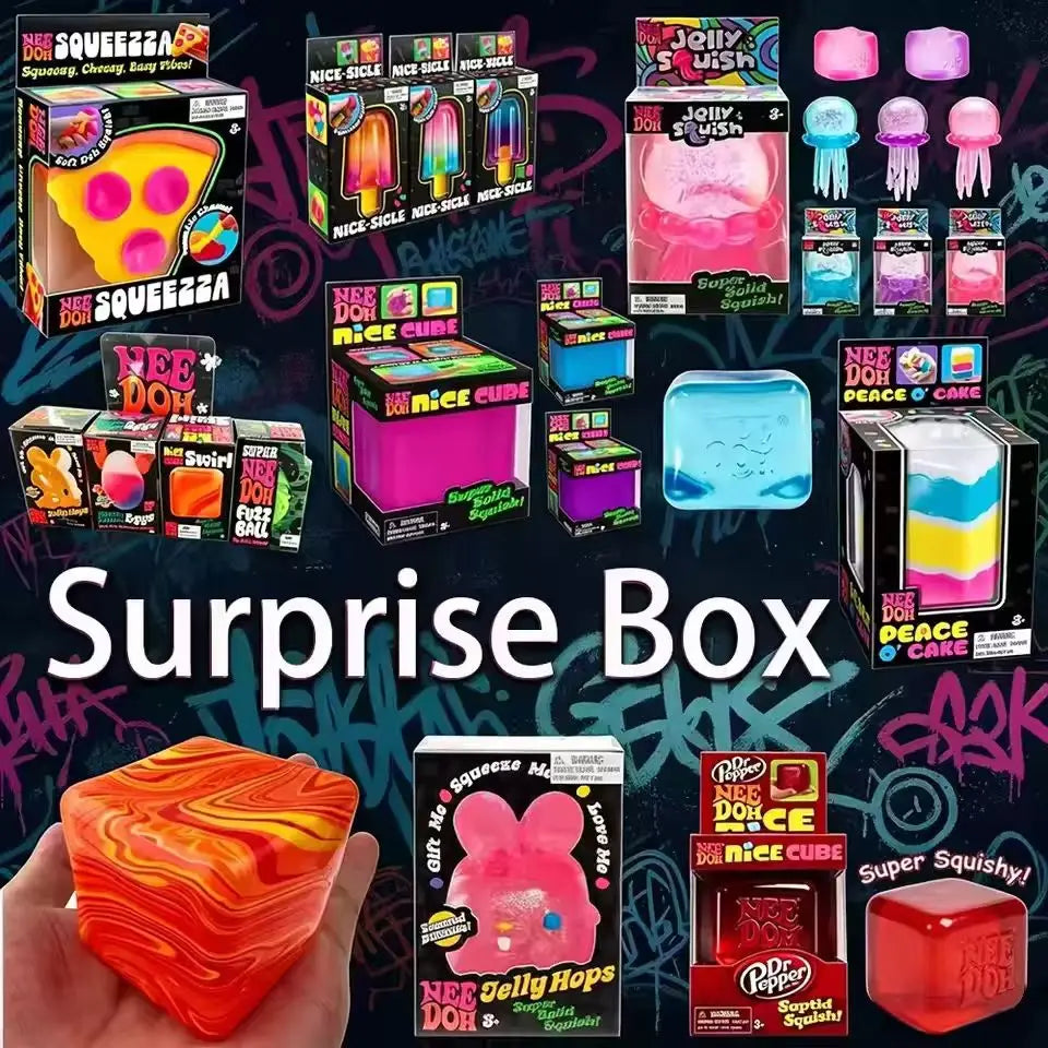 Random Nee Doh Mystery Surprise Box Nice Cube Squeeza Pizza Peace O Cake Jelly Hops Jellyfish Squishy Squeeze Toy Anxiety Relief