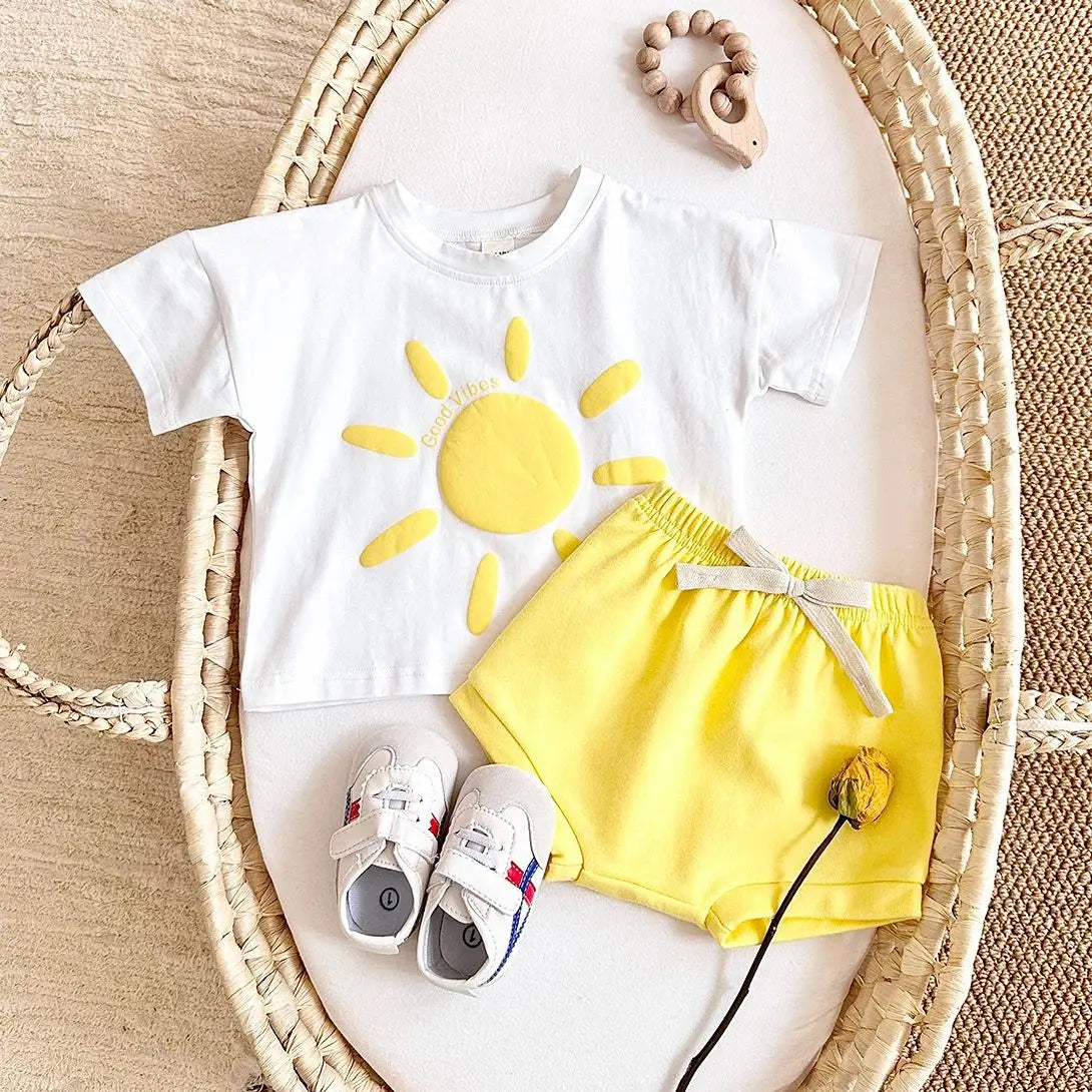 Toddler Boys Outfit Baby Clothes Set Newborn Baby Summer Clothing Cotton Girl Suit Sun Flower Print T-shirt+Beach Shorts
