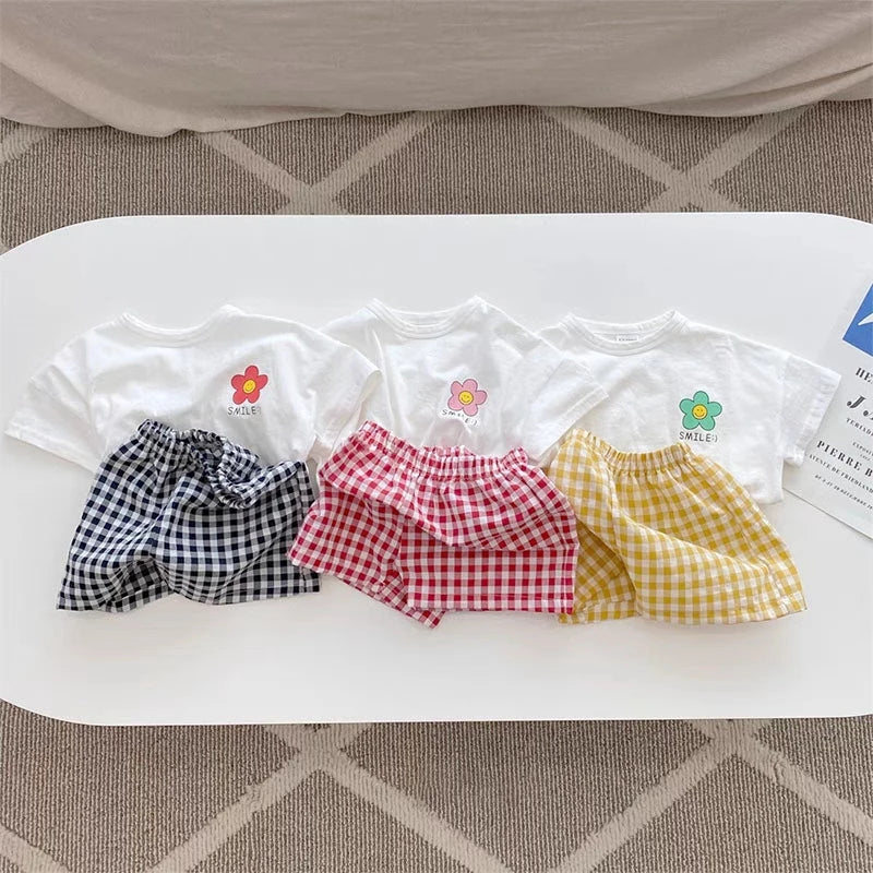 Cute Floral Pattern Baby Girl's Short Sleeve Suit Summer Clothing Children's T-shirts Plaid Shorts Kids 2 Piece Set Girl Clothes
